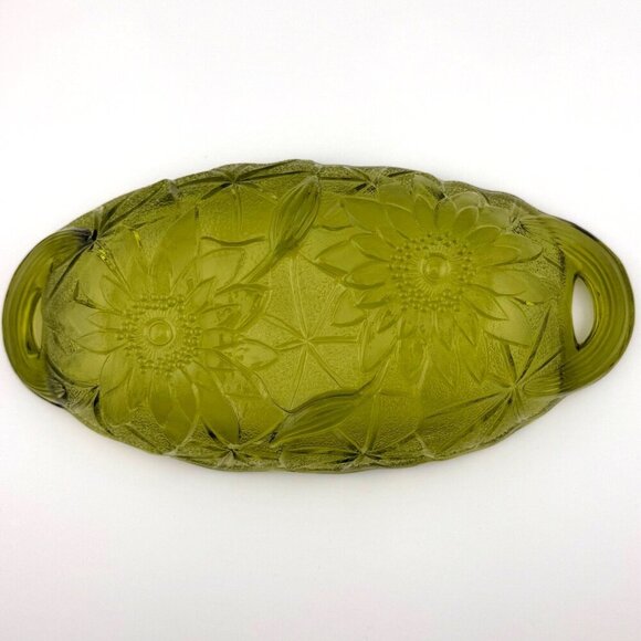 Vintage Indiana Glass Avocado Green Sunflower Oval Relish Dish W Handles - Picture 3 of 3